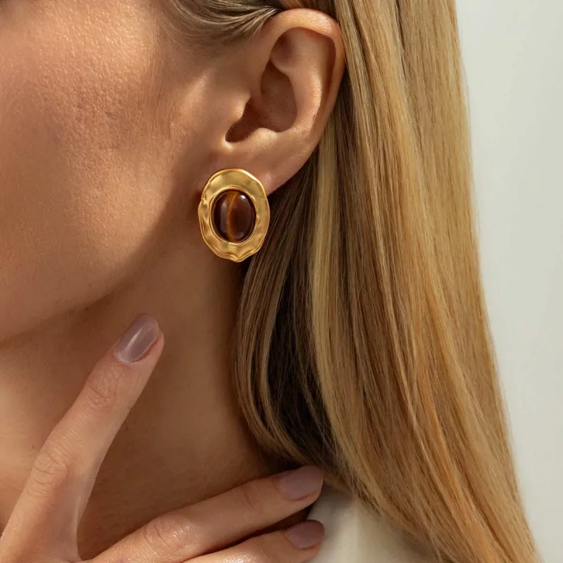 Tiger's Eye? & Goldtone Floral Edge Oval Stud Earrings made by Zulily