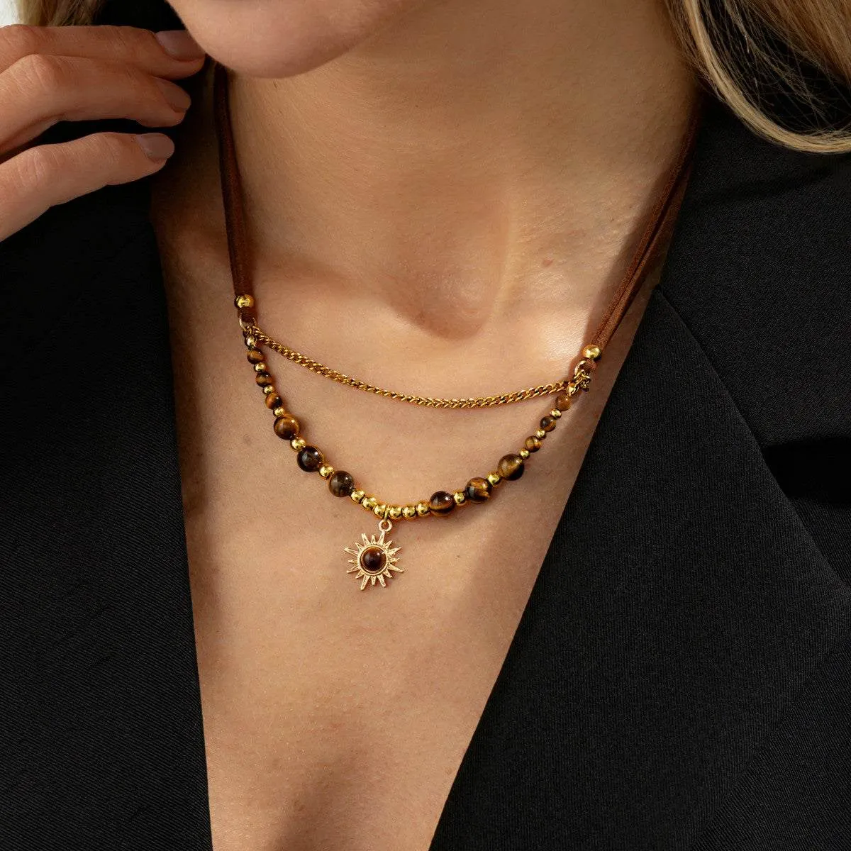 Tiger's Eye? & Polyster Goldtone Sun Pendant Layered Necklace sold by Zulily