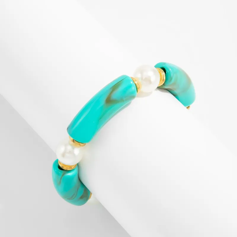 Teal Resin & Pearl Goldtone Sequin Joint Stretch Bracelet made by Zulily