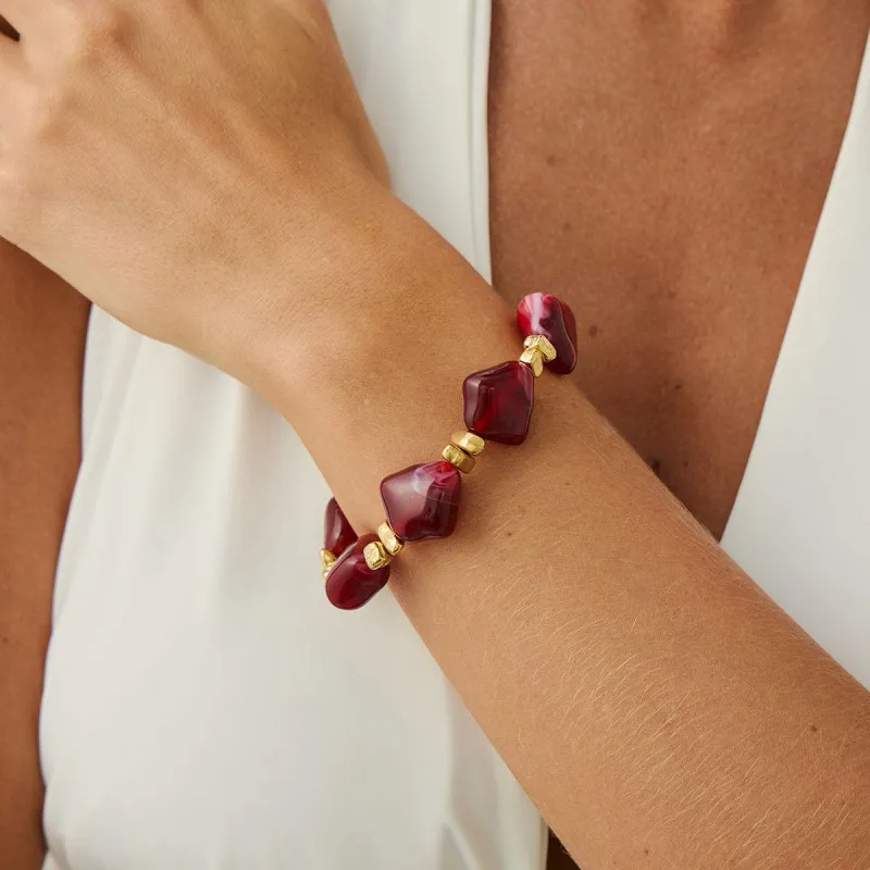 Red Resin & Goldtone Beads Rhombus Station Stretch Bracelet made by Zulily