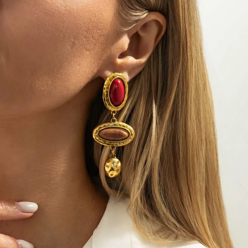 Red & Brown Resin Goldtone Tiered Oval Dangle Earrings made by Zulily