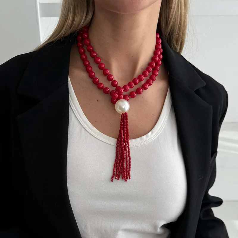 Red Resin & Pearl Big Ball Tassel Necklace made by Zulily