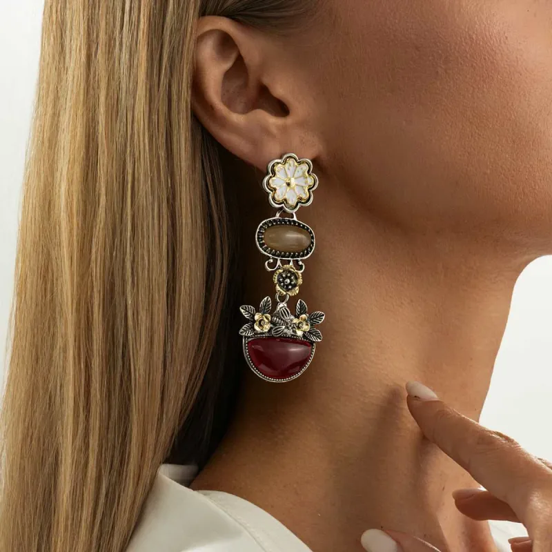 Multi-Colored Resin & Enamel Two Tone Oval Flower Cluster Dangle Earrings made by Zulily