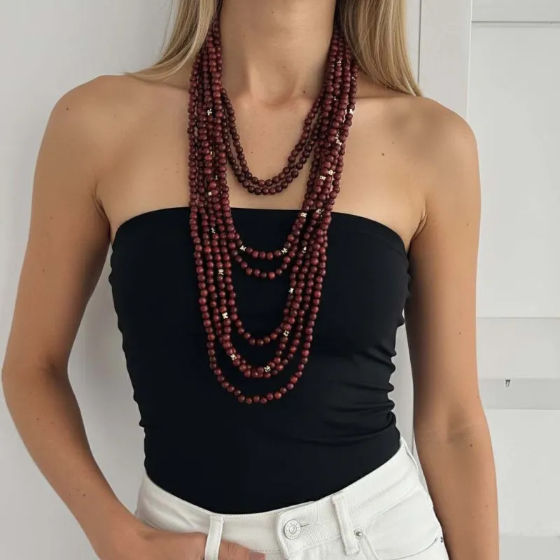 Red Wood & Goldtone Star Beaded Chain Layered Necklace made by Zulily