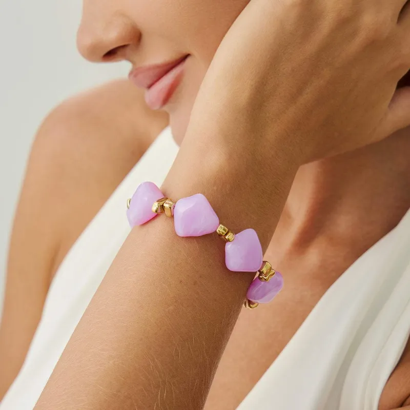 Purple Resin & Goldtone Beads Rhombus Station Stretch Bracelet made by Zulily