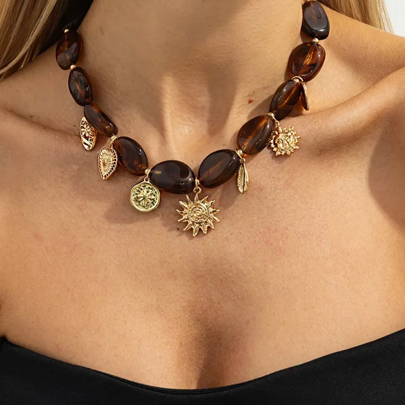 Irregular Resin & Goldtone Beaded Heart Sun Pendant Necklace made by Zulily