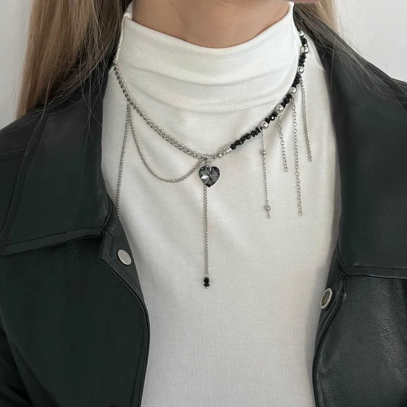 Black Acrylic & Crystal Silvertone Heart Pendant Tassel Necklace made by Zulily