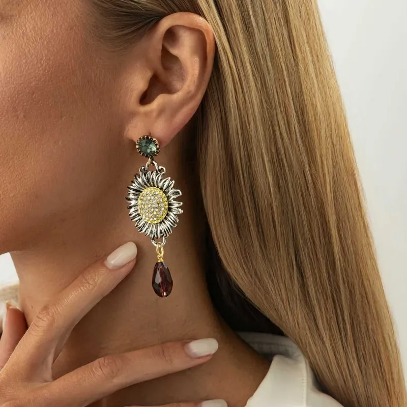 Crystal & Cubic Zirconia Two Tone Sunflower Drop Dangle Earrings made by Zulily