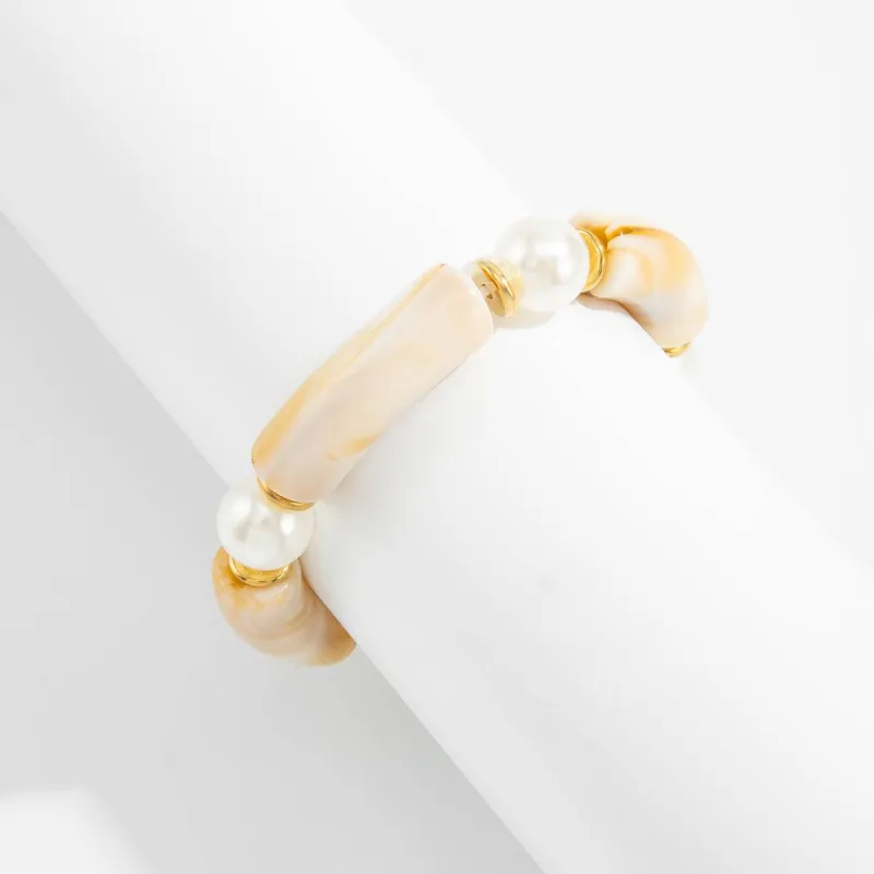 Beige Resin & Pearl Goldtone Sequin Joint Stretch Bracelet made by Zulily