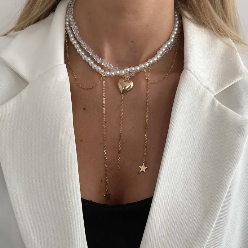 Clear Acrylic & Pearl Goldtone Heart Pendant Star Tassel Necklace made by Zulily