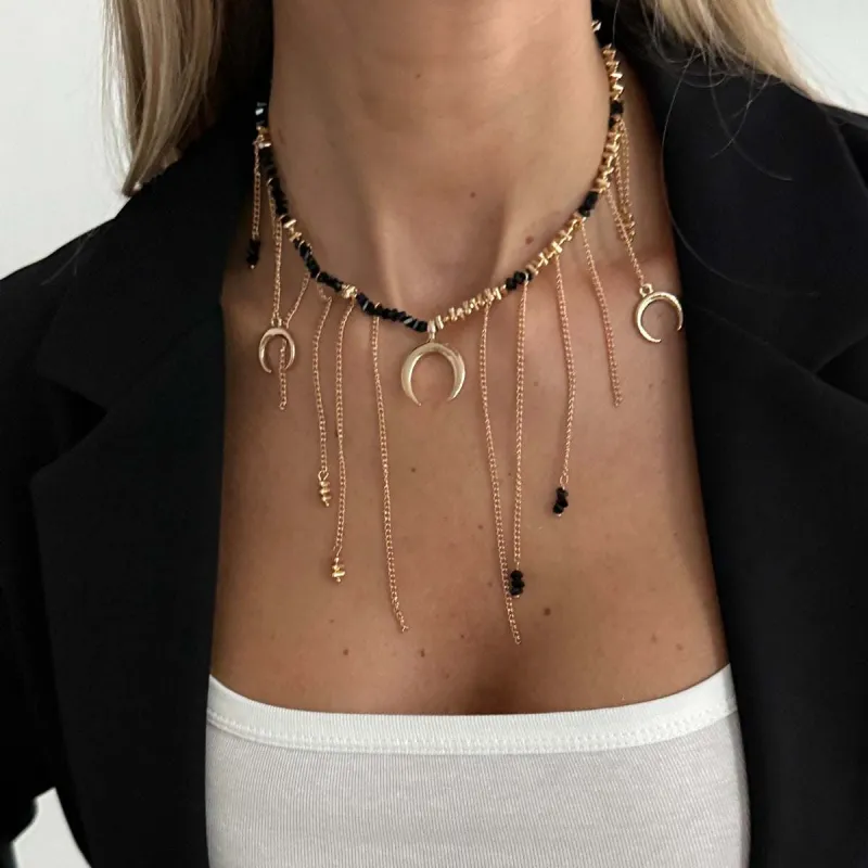 Black Acrylic & Goldtone Moon Pendant Tassel Necklace made by Zulily