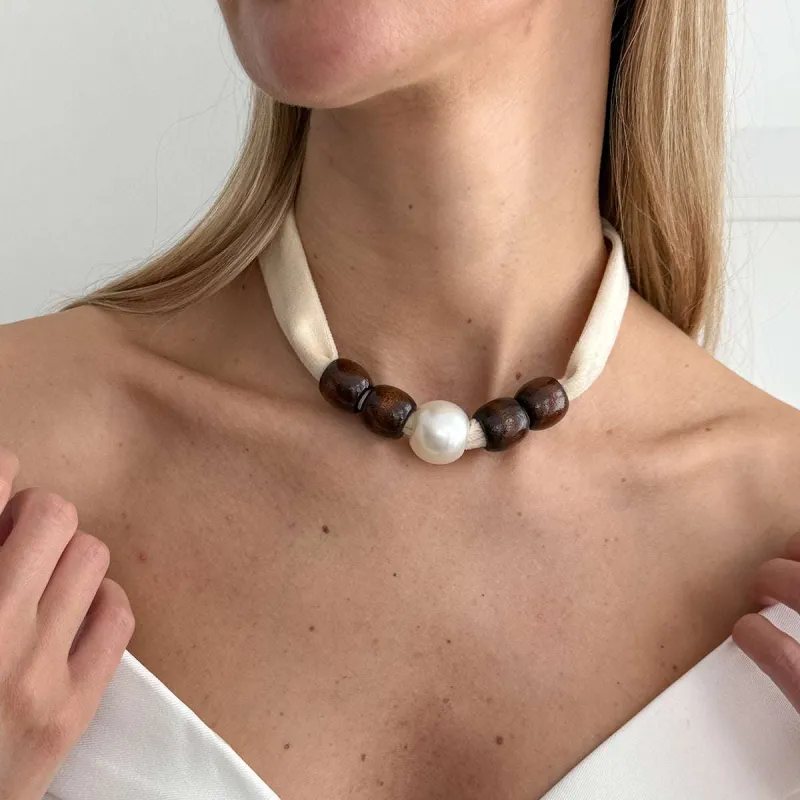 Beige Polyster & Wood Pearl Silvertone Ball Collar Necklace made by Zulily