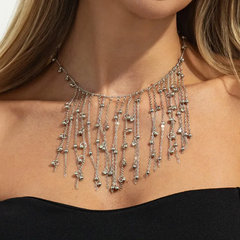 Cubic Zirconia & Silvertone Beaded Tassel Collar Necklace made by Zulily