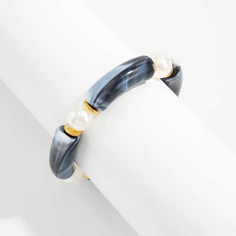 Black Resin & Pearl Goldtone Sequin Joint Stretch Bracelet made by Zulily