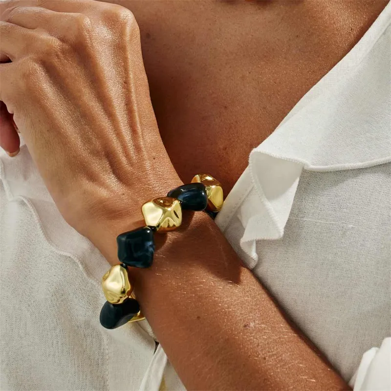 Black Resin & Goldtone Irregular Beads Station Stretch Bracelet made by Zulily