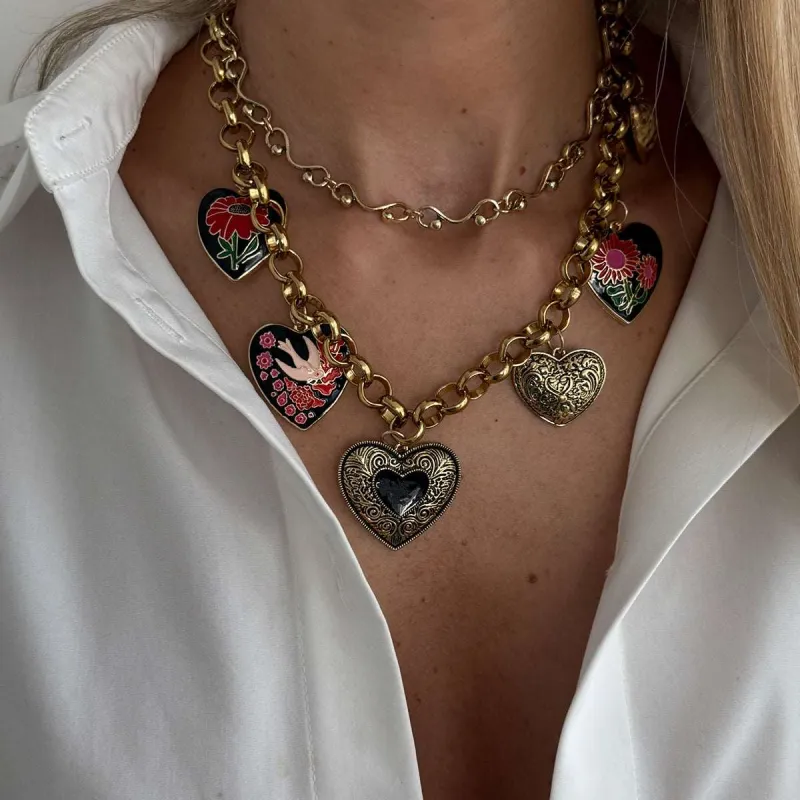 Black Enamel & Goldtone Flower Heart Charm Collar Necklace made by Zulily