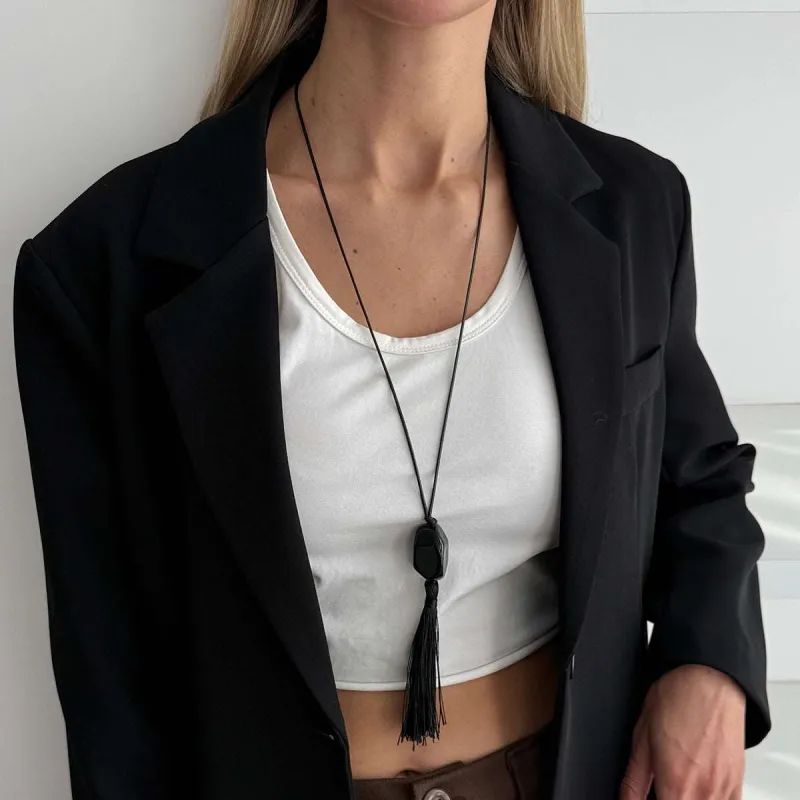 Black Irregular Resin & Polyster Tassel Necklace made by Zulily