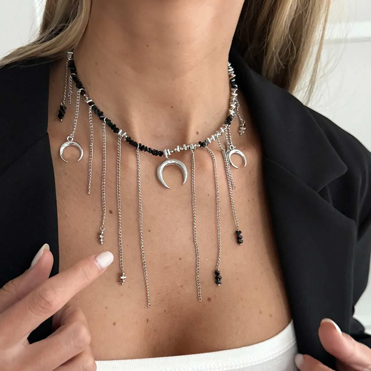 Black Acrylic & Silvertone Moon Pendant Tassel Necklace sold by Zulily