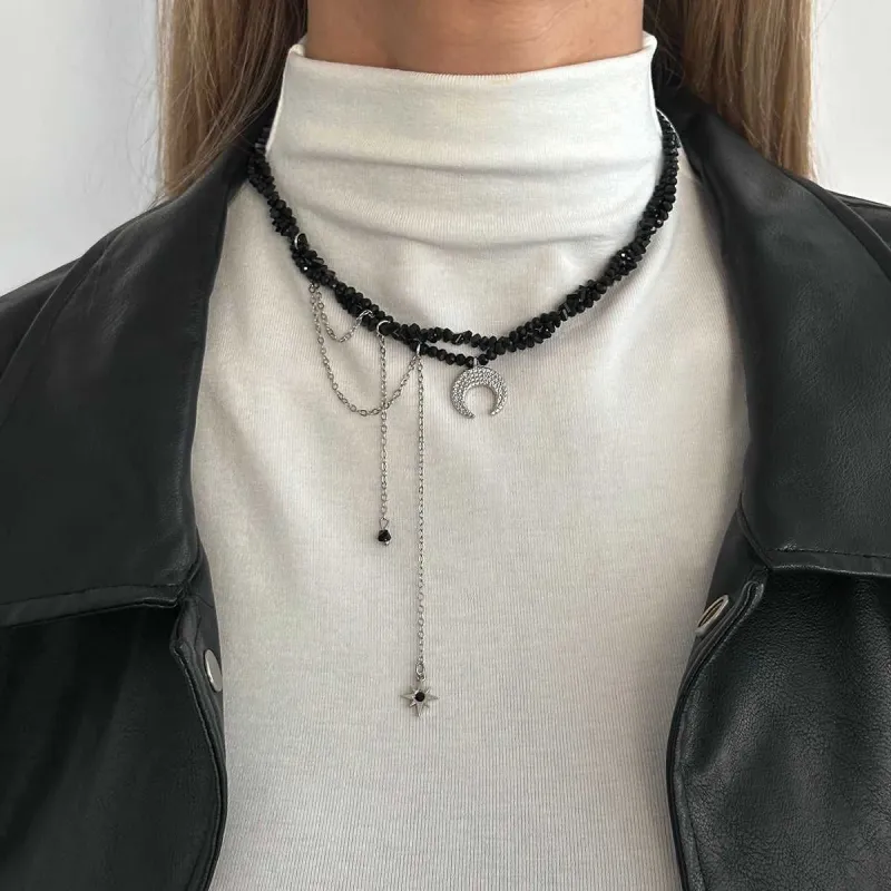 Black Acrylic & Silvertone Hammered Moon Pendant Tassel Necklace made by Zulily