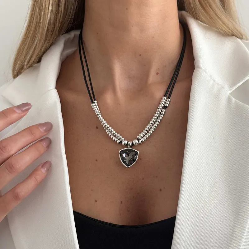 Black Polyster & Crystal Silvertone Beaded Triangle Pendant Necklace made by Zulily