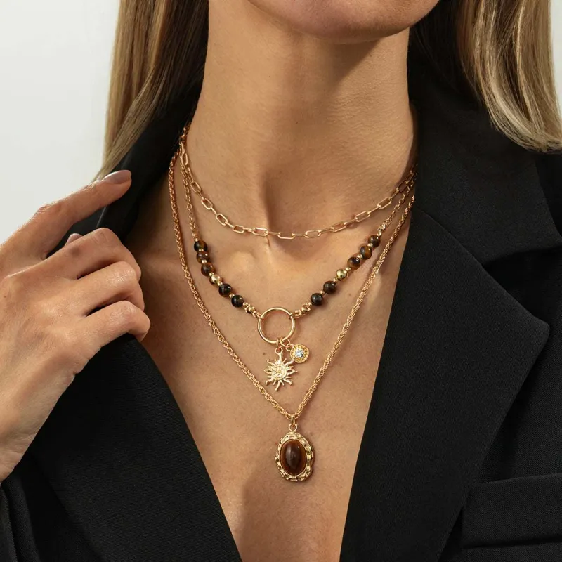 Tiger's Eye & Cubic Zirconia Goldtone Sun Oval Pendant Necklace Set made by Zulily