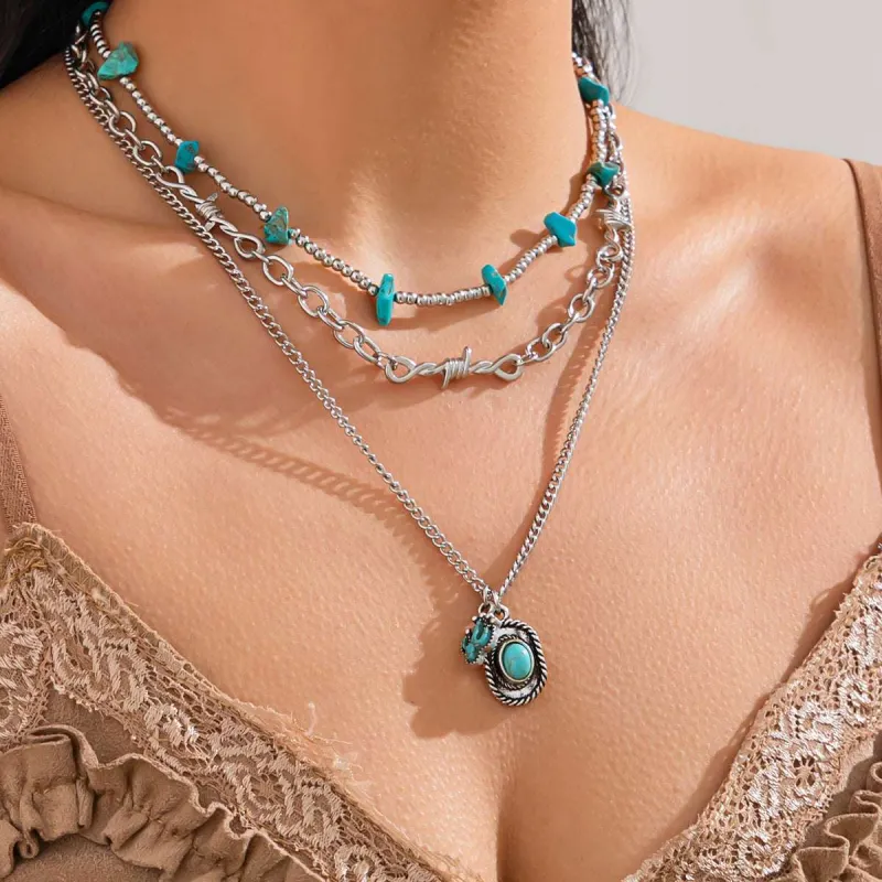 Turqouise & Silvertone Beads Knot Cactus Oval Pendant Necklace Set made by Zulily