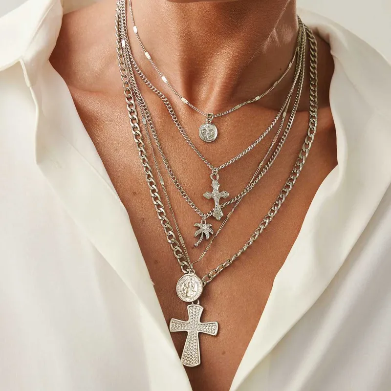 Silvertone Palm Tree & Cross Pendant Necklace Set made by Zulily