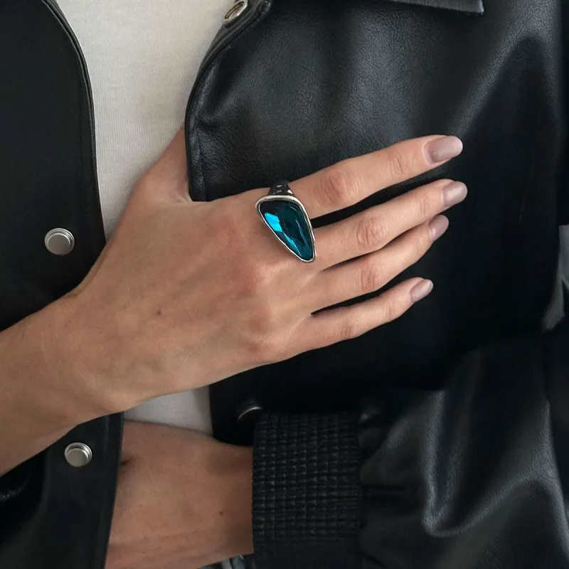 Teal Crystal & Silvertone Triangle Open Ring made by Zulily