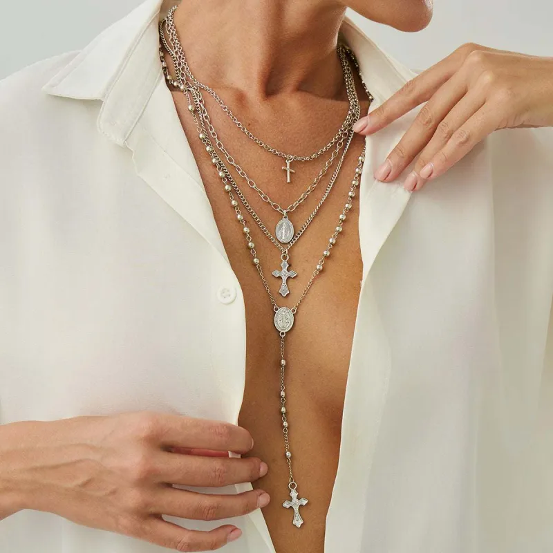 Silvertone Marry Oval Pendant Cross Drop Necklace Set made by Zulily