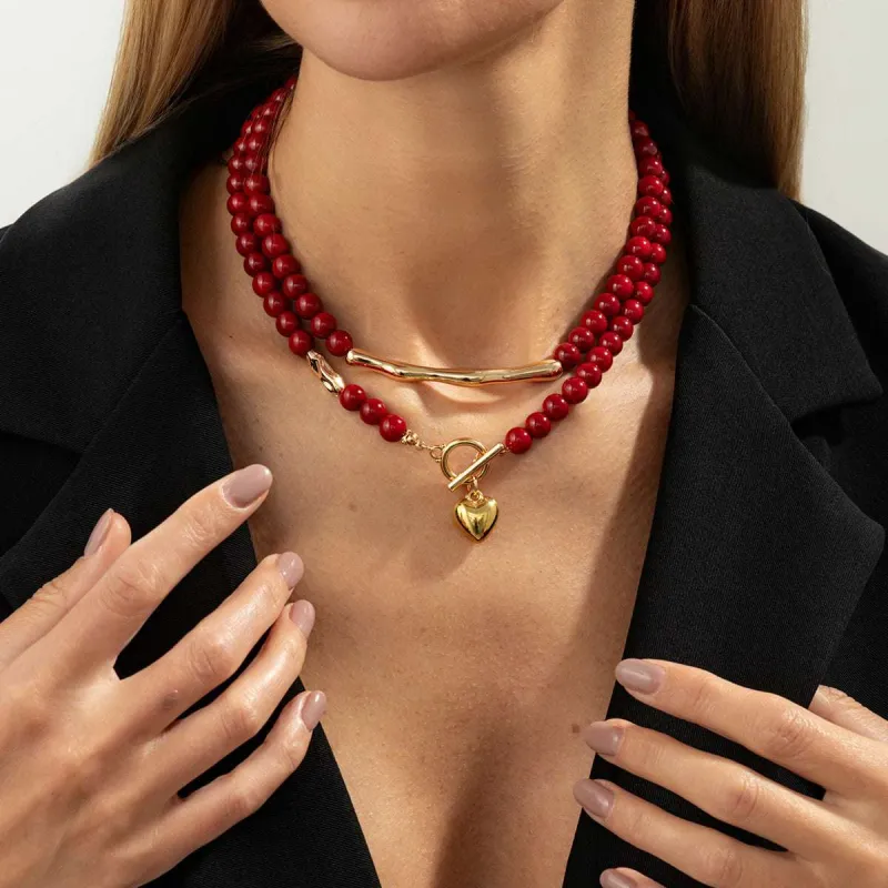 Red Resin & Goldtone Beads Chain Bar Heart Pendant Necklace Set made by Zulily