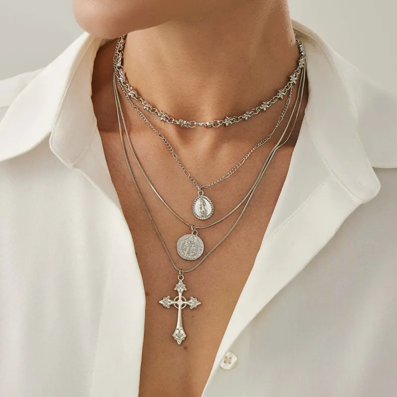 Silvertone Flower Station Coin Cross Pendant Necklace Set made by Zulily
