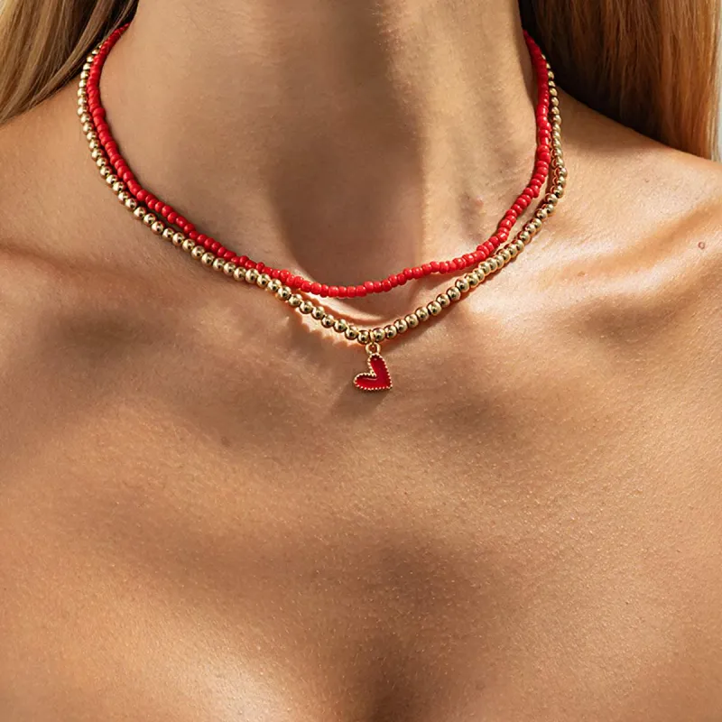 Red Howlite & Enamel Goldtone Beads Chain Heart Pendant Necklace Set made by Zulily