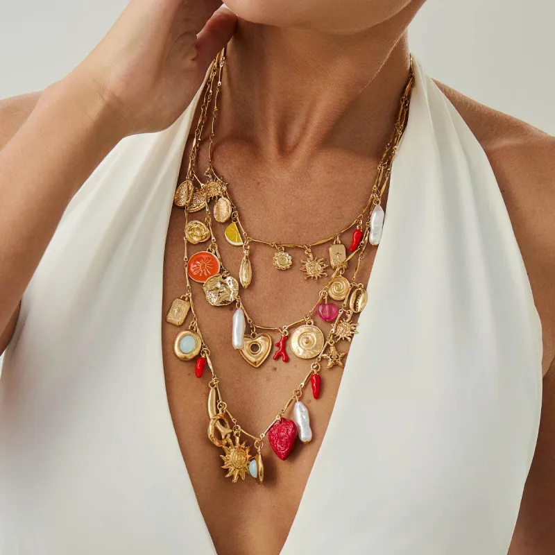Red Resin & Pearl Enamel Goldtone Summer Feature Charm Necklace Set made by Zulily