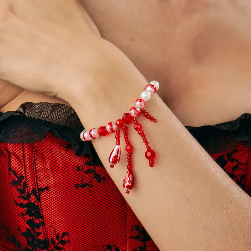 Red Enamel & Acrylic Pearl Silvertone Drop Tassel Bracelet made by Zulily