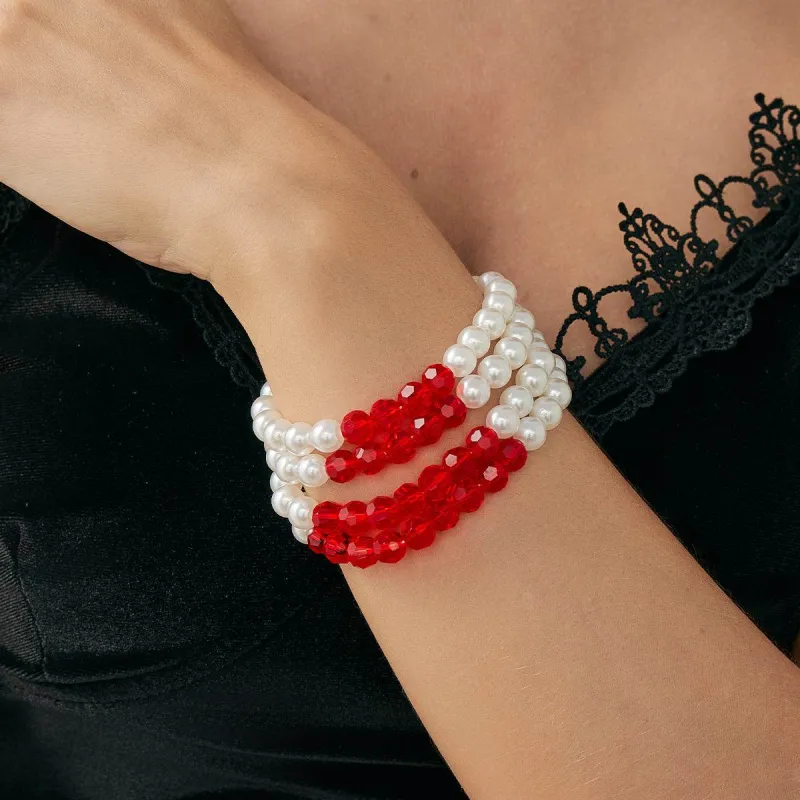 Red Acrylic & Pearl Silvertone Layered Bracelet made by Zulily