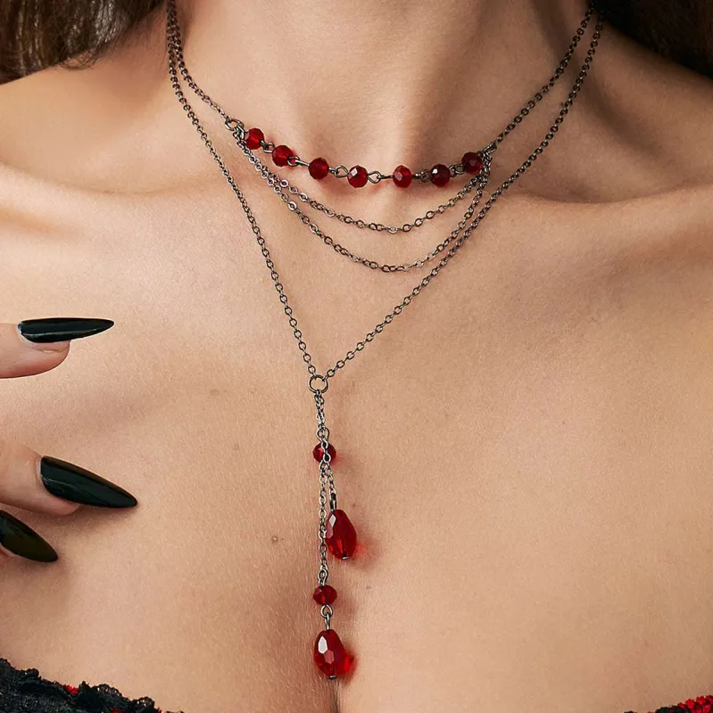 Red Acrylic & Blacktone Beads Drop Pendant Layered Necklace Set made by Zulily