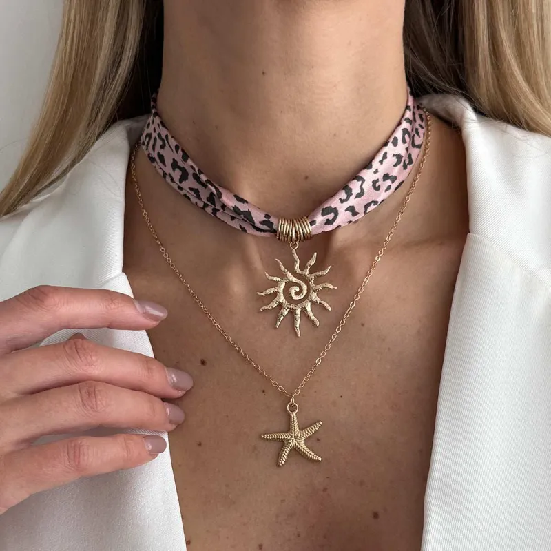 Polyster & Goldtone Cow Print Sun Starfish Pendant Necklace Set made by Zulily