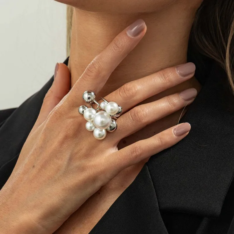 Pearl & Silvertone Ball Cluster Bypass Ring made by Zulily