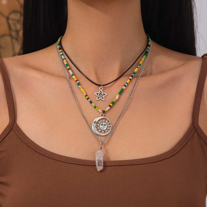 Crystal & Howlite Polyster Silvertone Sun Hexagonal Prism Pendant Necklace Set made by Zulily