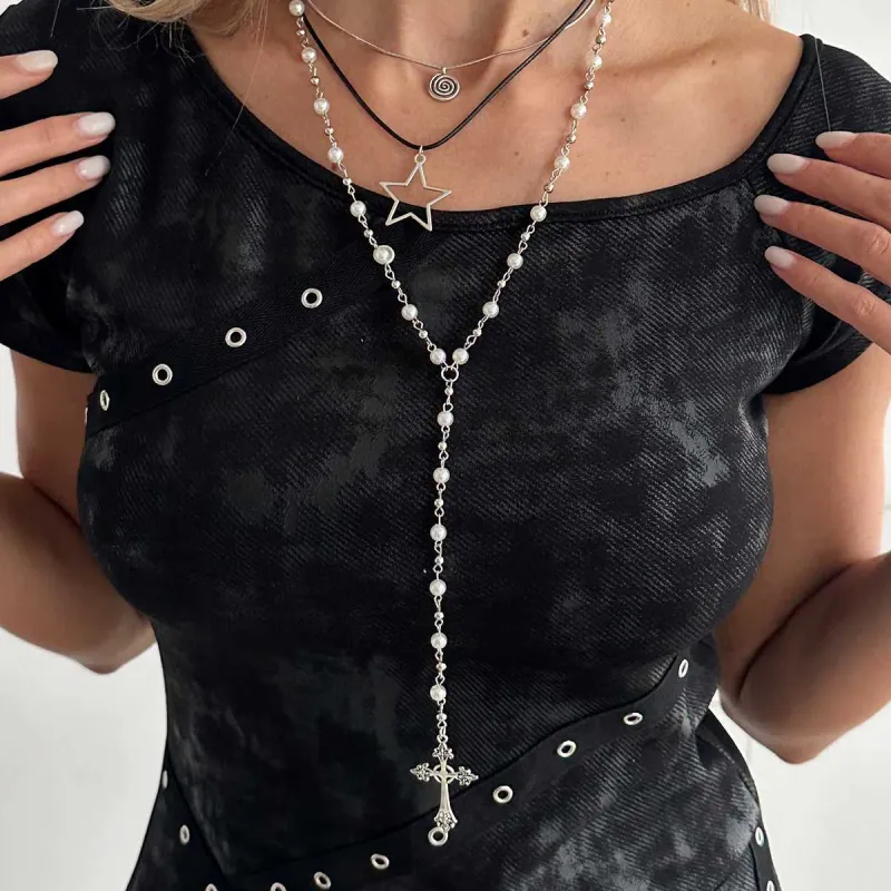 Black Polyster & Enamel Pearl Silvertone Star Cross Drop Necklace Set made by Zulily