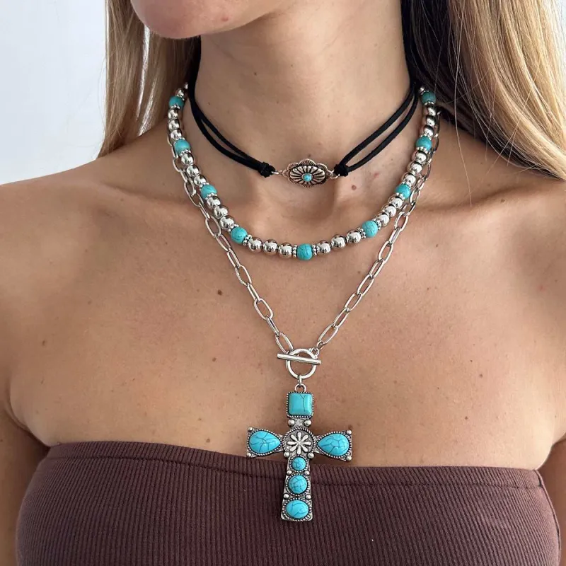 Black Polyster & Turqouise Silvertone Oval Cross Pendant Necklace Set made by Zulily