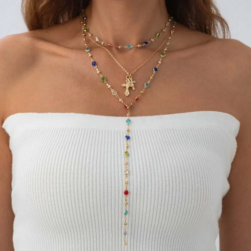 Multi-Colored Crystal & Goldtone Cross Pendant Lariat Necklace Set made by Zulily