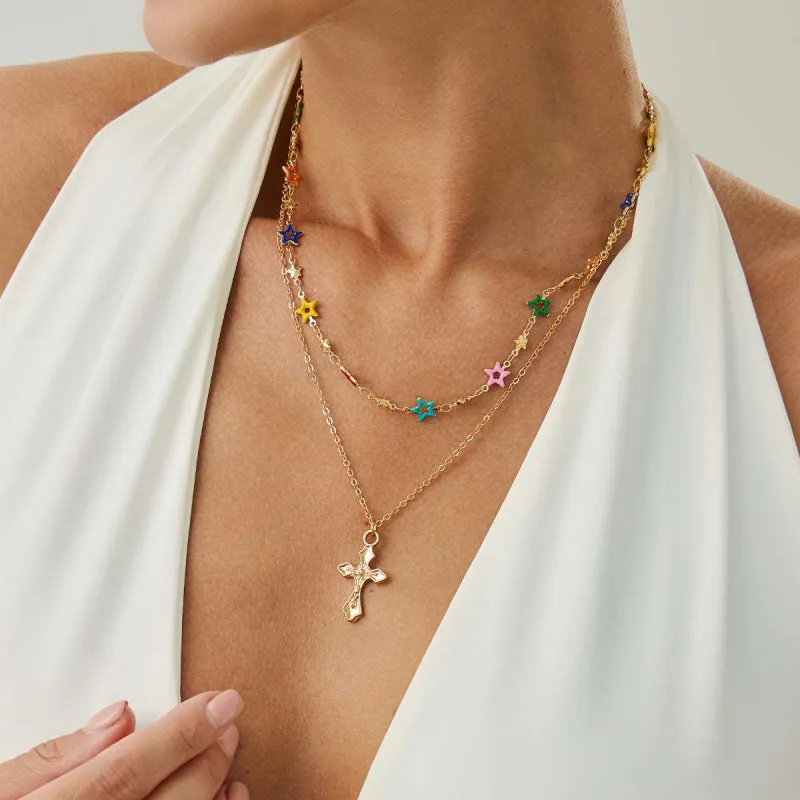 Multi-Colored Enamel & Goldtone Star Station Cross Pendant Necklace Set made by Zulily
