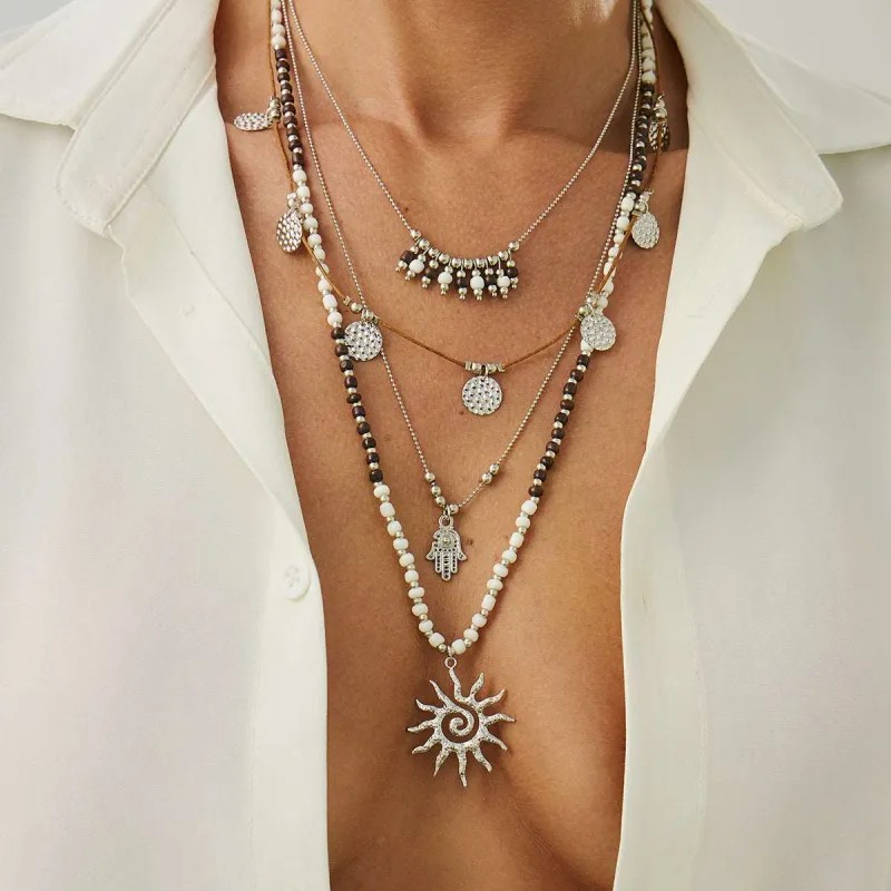 Black Howlite & Polyster Silvertone Hamsa Sun Pendant Necklace Set made by Zulily