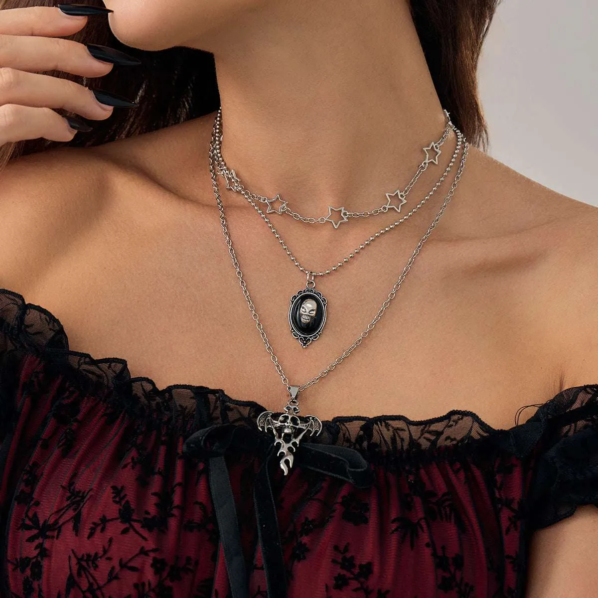 Black Resin & Enamel Silvertone Skull Bat Pendant Necklace Set sold by Zulily