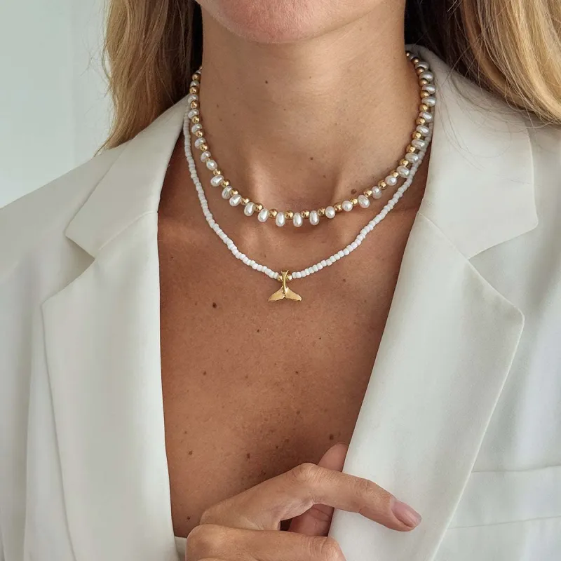 Pearl & Howlite Goldtone Fishtail Pendant Necklace Set made by Zulily