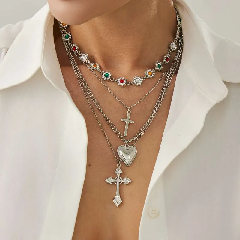 Multi-Colored Cubic Zirconia & Silvertone Flower Station Heart Cross Pendant Necklace Set made by Zulily