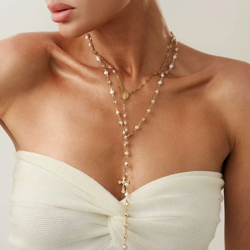 Pearl & Goldtone Marry Cross Lariat Necklace Set made by Zulily