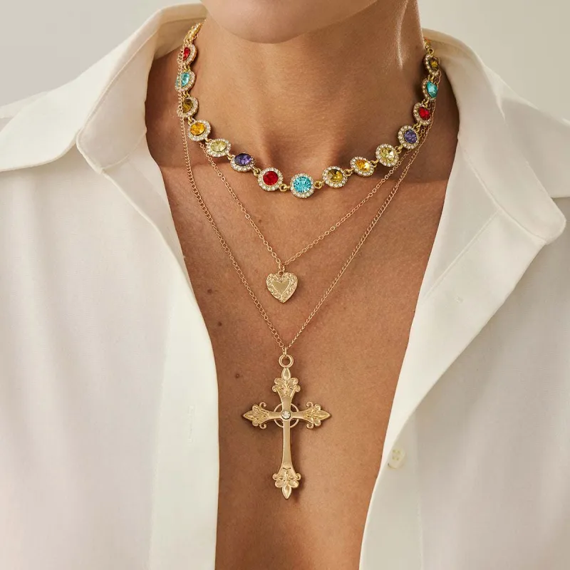 Multi-Colored Crystal & Cubic Zirconia Goldtone Heart Cross Pendant Necklace Set made by Zulily