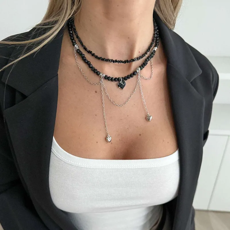 Black Crystal & Acrylic Silvertone Heart Pendant Tassel Necklace Set made by Zulily
